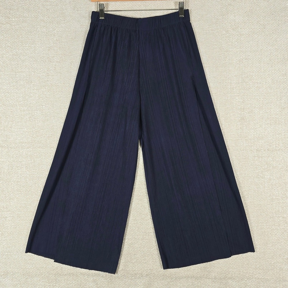 Ark & Co Pleated High Split Leg Pants Navy Blue Plisse Overlap Slit‎ Culottes S